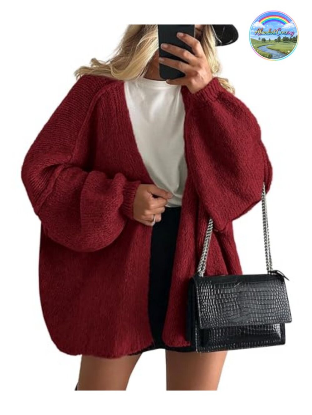Oversized Open Front Knit Cardigan Sweater Slouchy Lantern Sleeve